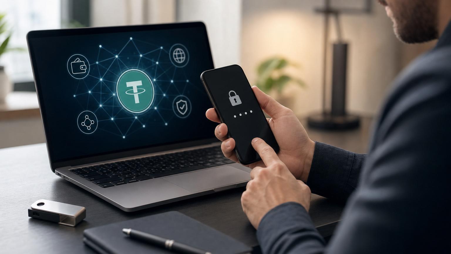 Persona comparando la red, la dirección y los datos de una transferencia de USDT antes de confirmar la operación